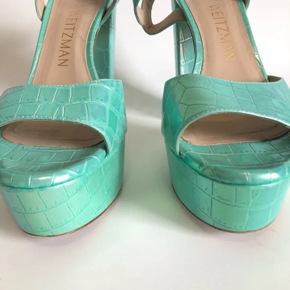 Green Capri Ice Iridescent Soft Crocodile Embossed Platform Heel Block Sandals - Picture 7 of 17
